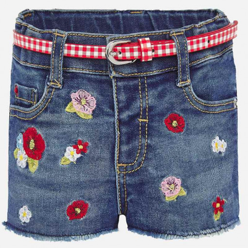 Σορτσάκι τζιν με ζώνη καρό και κέντητα λουλούδια "Baby jean shorts"