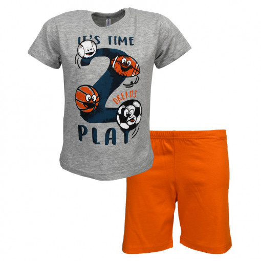 Πιτζάμα με κοντομάνικη μπλούζα γκρι και σορτσάκι πορτοκαλί "It's Time to Play"