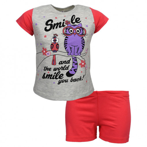 Πιτζάμα με κοντομάνικη μπλούζα γκρι και σοτσάκι κοραλλί "Smile"