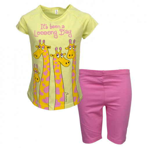 Πιτζάμα με κοντομάνικη μπλούζα κίτρινη και σοτσάκι ροζ "Loooong Day"