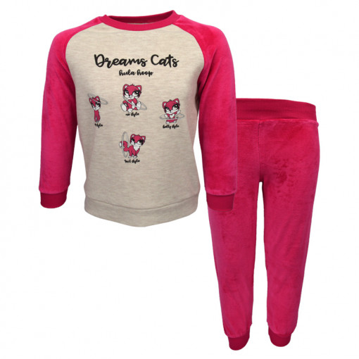 Πιτζάμα με μπεζ βελουτέ μακρυμάνικη μπλούζα και φούξια βελουτέ παντελόνι "Dreams Cats"
