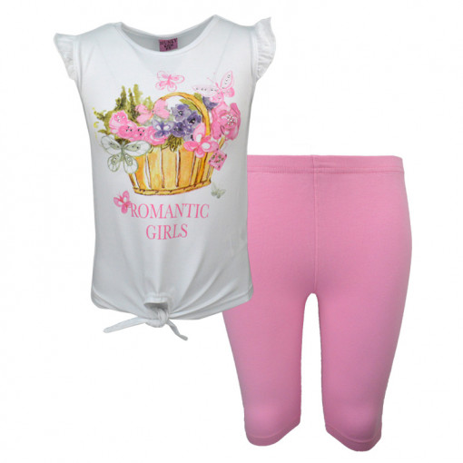 Σετ άσπρη κοντομάνικη μπλούζα με ροζ κολάν "Flower Basket"
