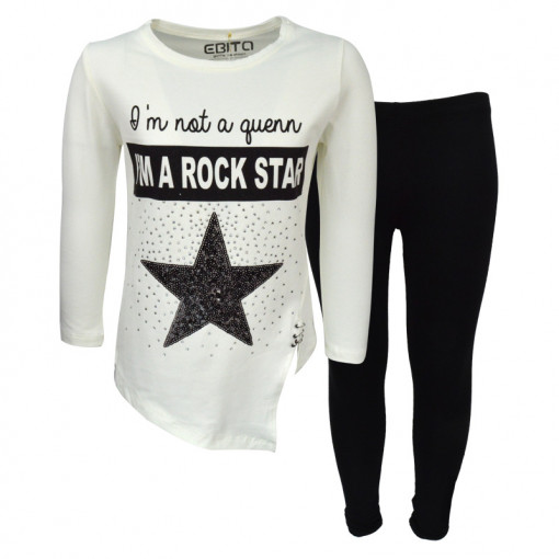 Σετ άσπρη μακρυμάνικη μπλούζα με μαύρο κολάν "I'm a Rock Star"