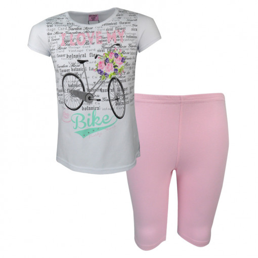 Σετ άσπρη μπλούζα κοντομάνικη με ροζ κολάν "Ποδήλατο"