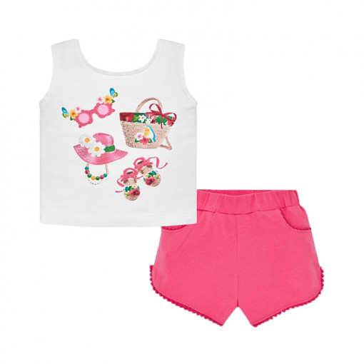 Σετ αμάνικη λευκή μπλούζα και σορτσάκι ροζ "Summer Time"