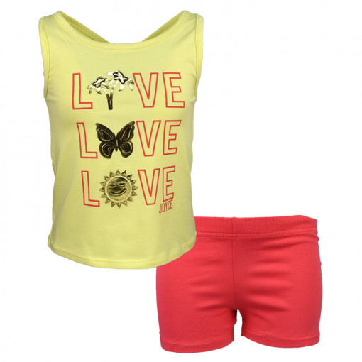 Σετ αμάνικη μπλούζα κίτρινη με σορτσάκι κοραλλί "Love Love Love"