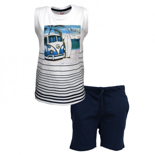 Σετ αμάνικη μπλούζα λευκή με φόρμα βερμούδα μπλε "Σανίδα Surf"