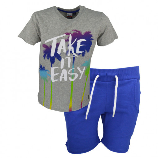 Σετ κοντομάνικη μπλούζα γκρι και βερμούδα μπλε "Take It Easy"