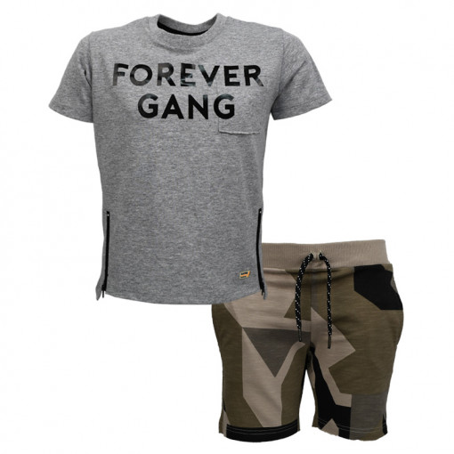 Σετ κοντομάνικη μπλούζα γκρι με βερμούδα χακί "Forever Gang"