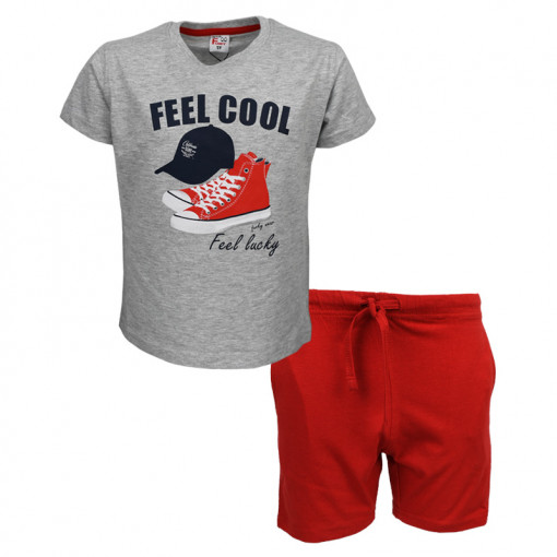 Σετ κοντομάνικη μπλούζα γκρι με φόρμα βερμούδα κόκκινη "Feel Cool"