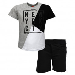 Σετ κοντομάνικη μπλούζα γκρι με φόρμα βερμούδα μαύρη "New YRK CTY"