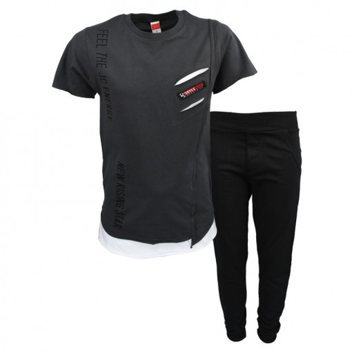 Σετ κοντομάνικη μπλούζα γκρι με φόρμα παντελόνι μαύρο "Feel The Jc Energy"