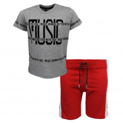 Σετ κοντομάνικη μπλούζα γκρι με φόρμα σορτσάκι κόκκινη "Music"