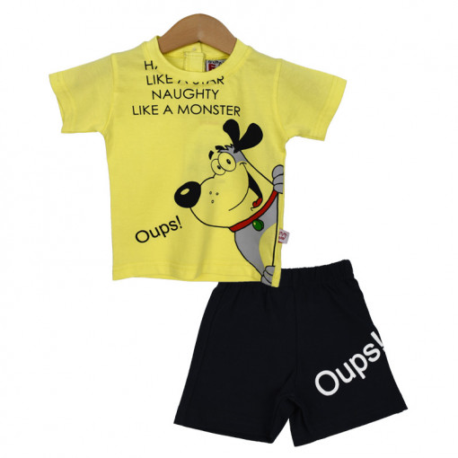 Σετ κοντομάνικη μπλούζα κίτρινη με φόρμα βερμούδα μαύρη "Oups!"