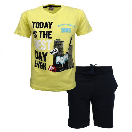 Σετ κοντομάνικη μπλούζα κίτρινη με φόρμα σορτσάκι μαύρη "Today is the Best Day Ever"