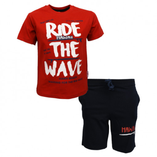 Σετ κοντομάνικη μπλούζα κόκκινη με φόρμα βερμούδα μαύρη "Ride the Wave"