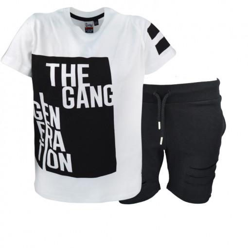 Σετ κοντομάνικη μπλούζα λευκή και βερμούδα μαύρη "The Gang"