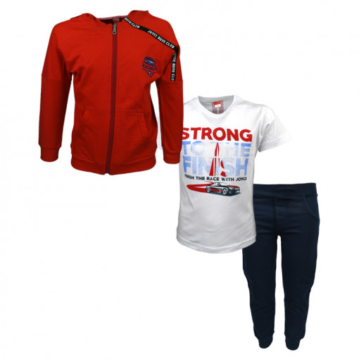 Σετ κοντομάνικη μπλούζα λευκή και ζακέτα κόκκινη με κουκούλα και φόρμα παντελόνι μπλε "Strong"