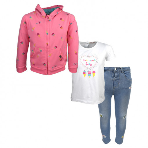 Σετ κοντομάνικη μπλούζα λευκή και ζακέτα ροζ με κουκούλα και παντελόνι μπλε "One Sweet Baby"