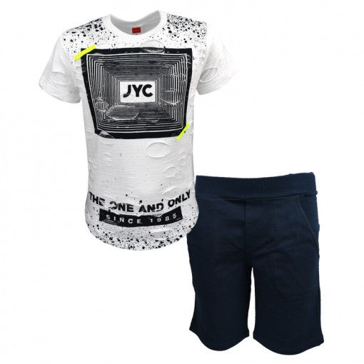 Σετ κοντομάνικη μπλούζα λευκή με βερμούδα μπλε "JYC"