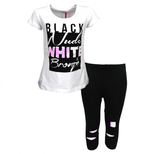 Σετ κοντομάνικη μπλούζα λευκή με κολάν κάπρι μαύρο "Black White"