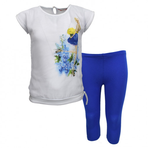 Σετ κοντομάνικη μπλούζα λευκή με κολάν μπλε "Κορίτσι με μπουκέτο λουλουδιών"