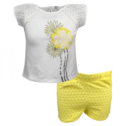 Σετ κοντομάνικη μπλούζα λευκή με σορτσάκι κίτρινο "Λουλούδι"