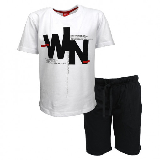 Σετ κοντομάνικη μπλούζα λευκή με φόρμα βερμούδα μαύρη "Win"