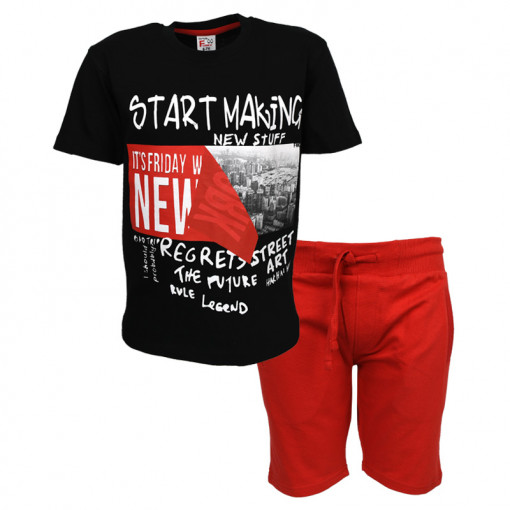 Σετ κοντομάνικη μπλούζα μαύρη με φόρμα βερμούδα κόκκινη "Start Making"