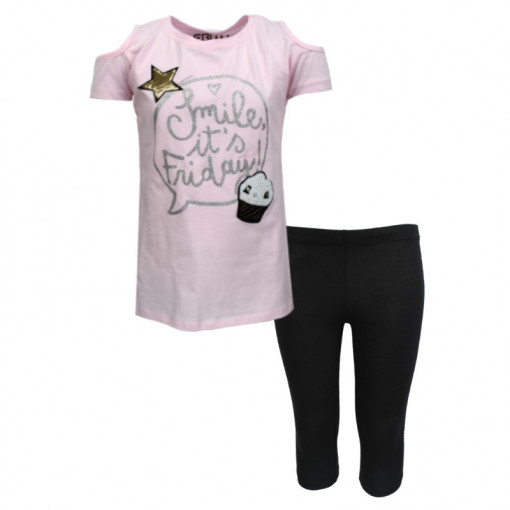 Σετ κοντομάνικη μπλούζα ροζ με εκτεθειμένους ώμους και κολάν μαύρο "Smile its Friday"