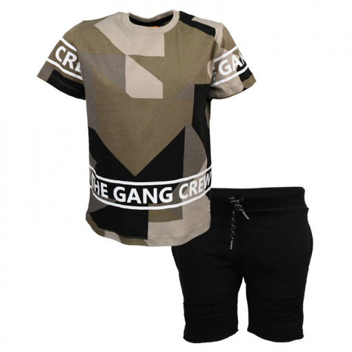 Σετ κοντομάνικη μπλούζα χακί με μαύρη βερμούδα "The Gang Crew"