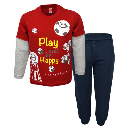 Σετ κόκκινη μακρυμάνικη μπλούζα με μπλε φόρμα παντελόνι "Play and be Happy"