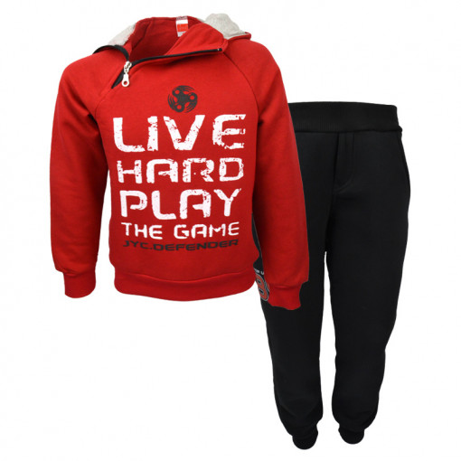 Σετ κόκκινη μακρυμάνικη μπλούζα φούτερ με κουκούλα και μαύρη φόρμα παντελόνι "Live Hard Play"