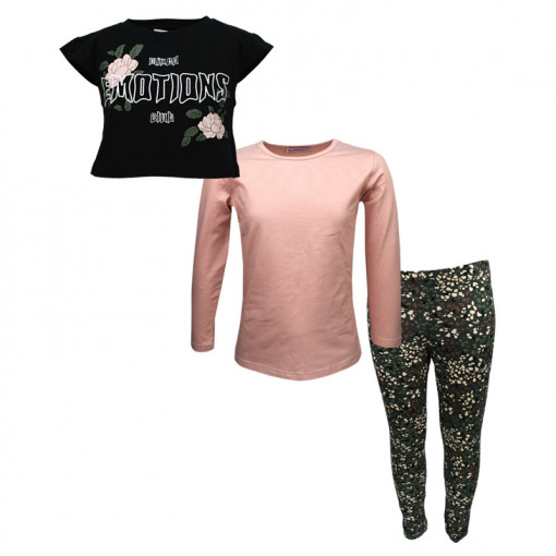 Σετ μακρυμάνικη μπλούζα ροζ και κοντή αμάνικη μπλούζα μαύρη με κολάν χακί "Emotions Club"