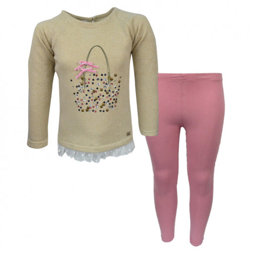 Σετ μπεζ μακρυμάνικη μπλούζα με τούλι στο τελείωμα και ροζ κολάν "Τσάντα με Στρασάκια"