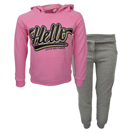 Σετ ροζ μακρυμάνικη μπλούζα φούτερ με κουκούλα και γκρι φόρμα παντελόνι "Hello"